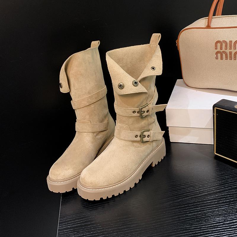 Autumn and Winter Maillard Retro Martin Boots Women's Fashion Versatile Thick-soled Two Wear Piled Boots Medium Tube Thin Boots Women