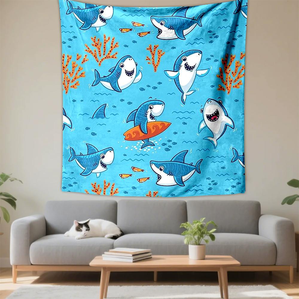 Tapestry Cute Cartoon Sharks Surfing Ocean Sea Life Seamless Pattern for Kids Nursery Bedroom Wall Hanging Decor