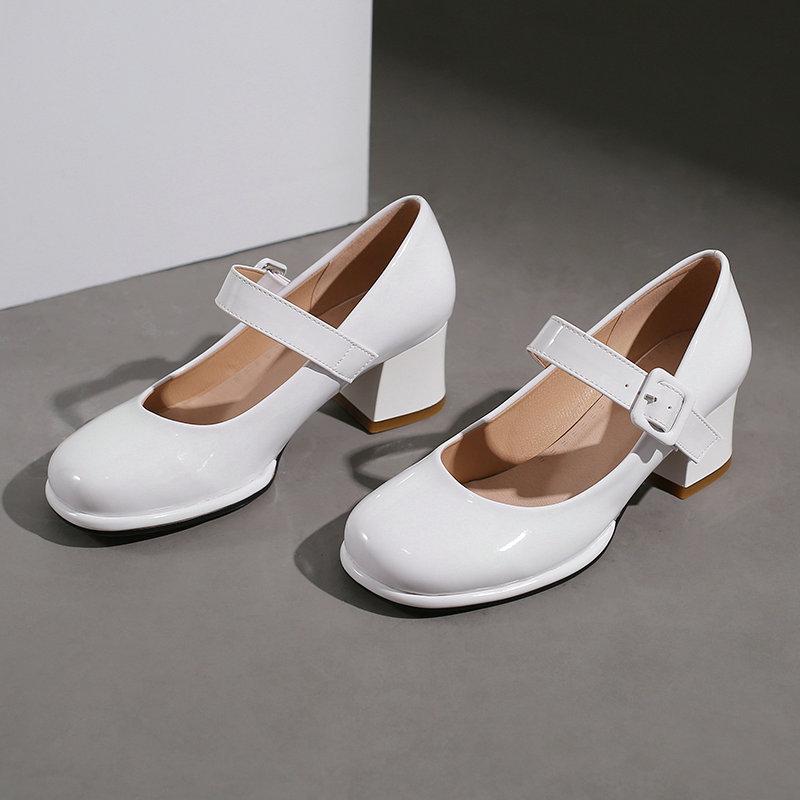 Patent PU Leather Orange Red Closed Toe Women Pumps Big Size 47 48 Mature Lady Office Shoes Buckle Strap Mary Jane Chunky Heels Big Plus Size 48