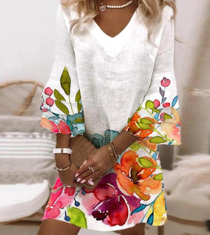 Новое, Свежее, С принтом, С V-образным вырезом, С 3/4 рукавом, Мини, Женское платье