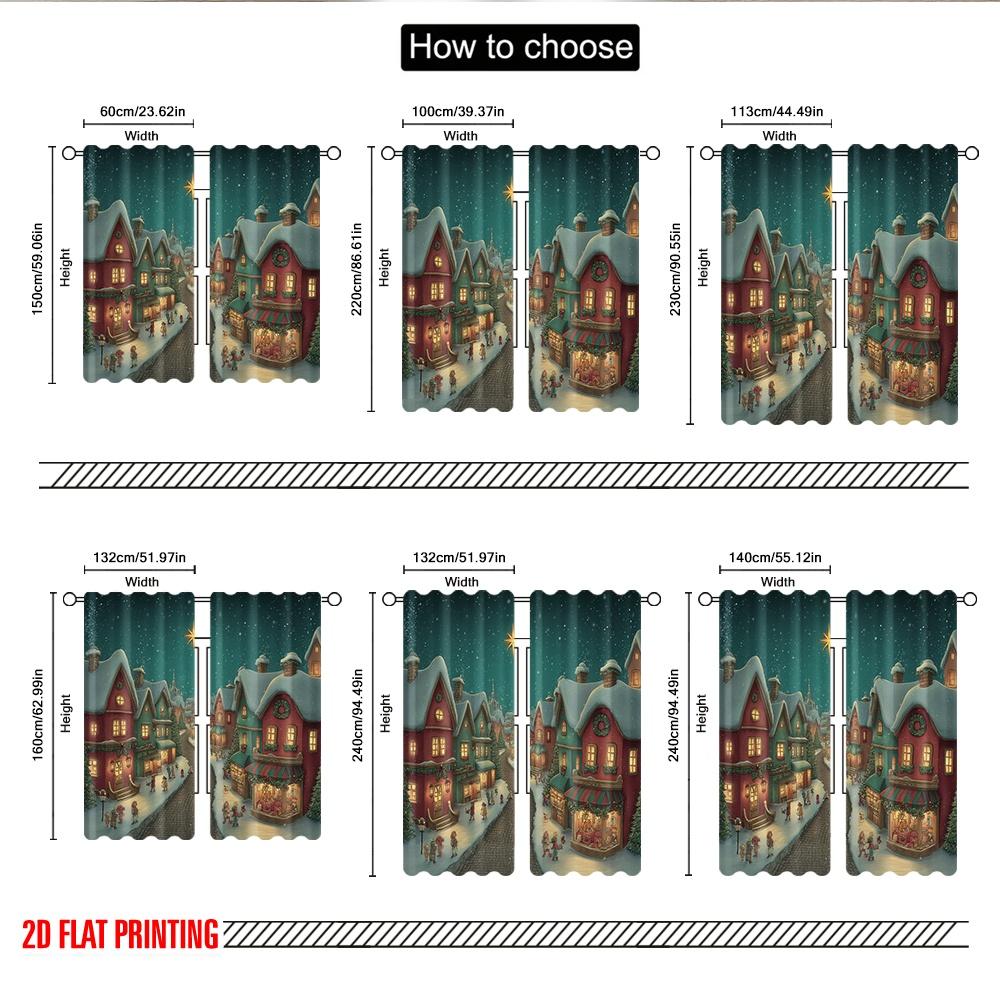 2pcs 2D flat printing Christmas Hot Party Curtains Christmas Village Snow Town Scene Digital Printed Polyester Drapes Birthday