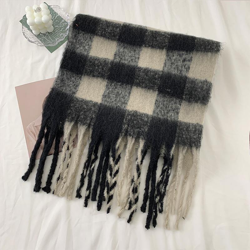 Korean version of scarf women's winter high-end mohair imitation cashmere plaid scarf thickened warm shawl student scarf