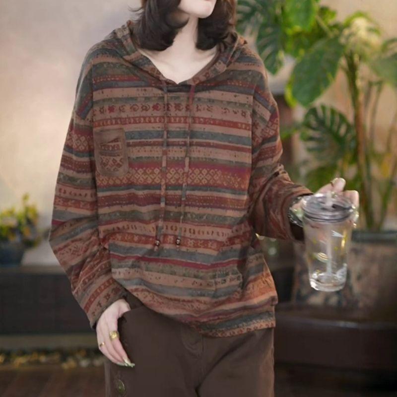 Осенне-зимняя мода Ретро Свободный Повседневный Универсальный Худи с принтом с длинным рукавом Женские топы