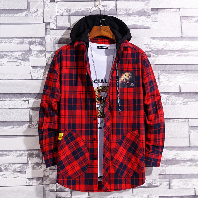 Youth Men's Casual Fashion Plaid Slim Long Sleeve Hoodie Long Sleeve Shirt