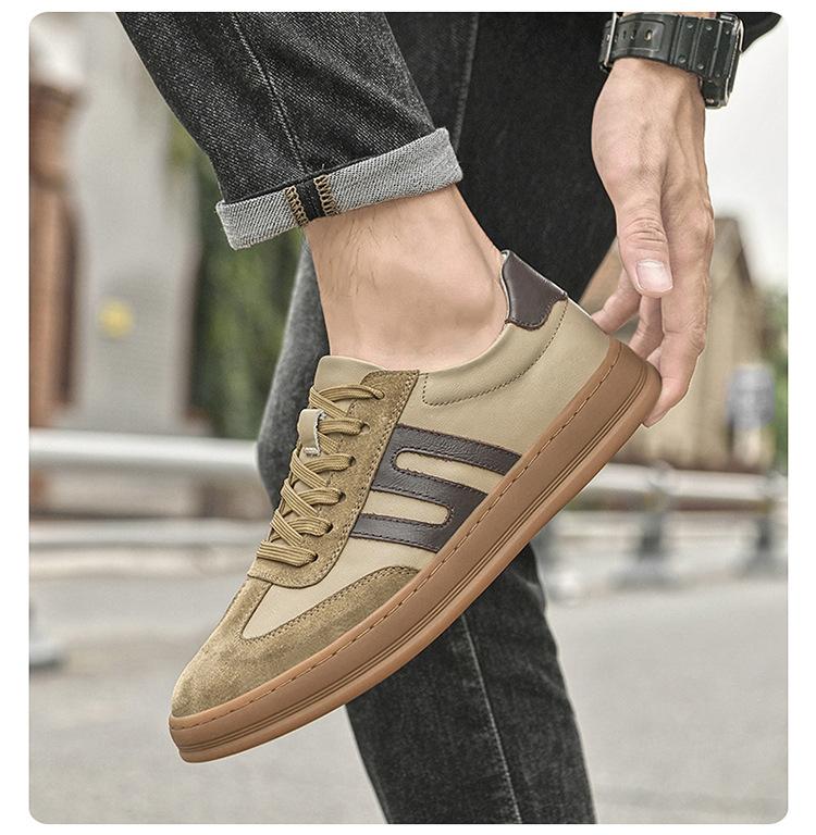 New Shoes for Men Genuine Leather Casual Shoes Fashion Striped Flat Skateboard Shoes Youth Trend Lace-up Sneaker