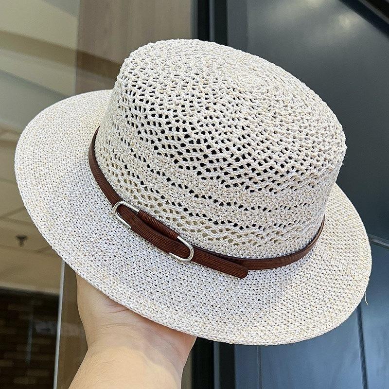Belt Buckle Flat Top Straw Hat Retro Women'S Summer Uv Protection Sun Hat Hollow Breathable Vacation Sun Protection Top Hat