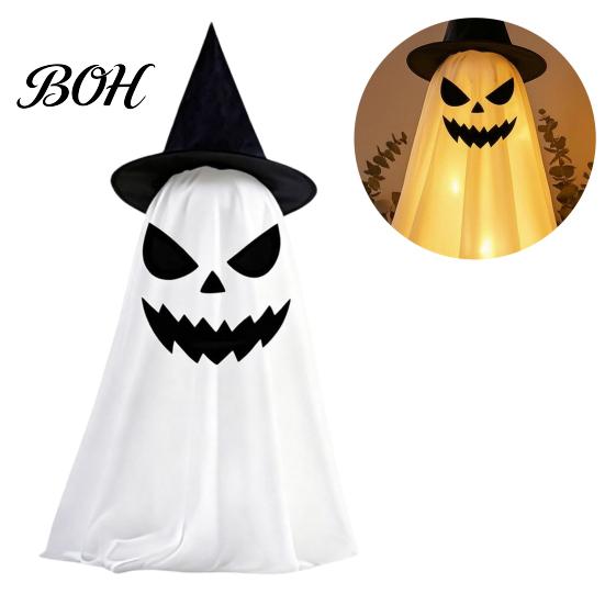 Halloween Window Display Props Ghost Decoration, Indoor Tabletop Standing with Witch Fabric Figurine Hat/Bow for Mantel Dining Table Party Home Decor