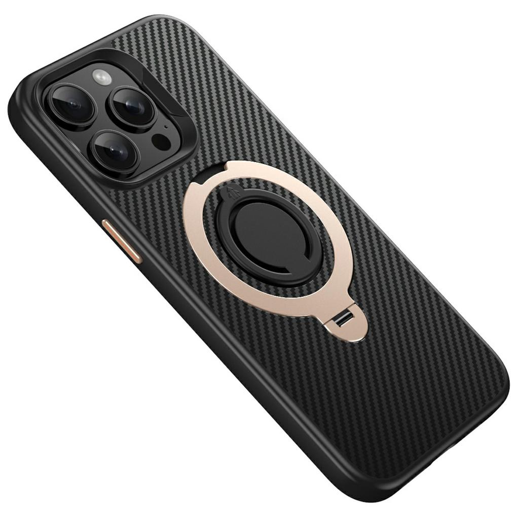 For iPhone 13 Pro Case Compatible with MagSafe Kickstand Carbon Fiber Texture PC+TPU Back Cover with Silicone Ring