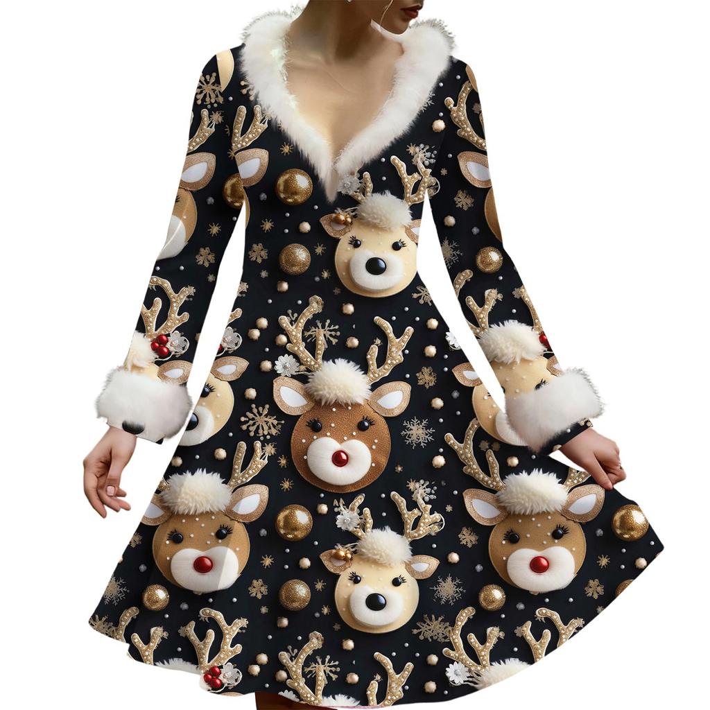 Женское повседневное платье с V-образным вырезом, рождественским принтом, плюшевыми длинными рукавами