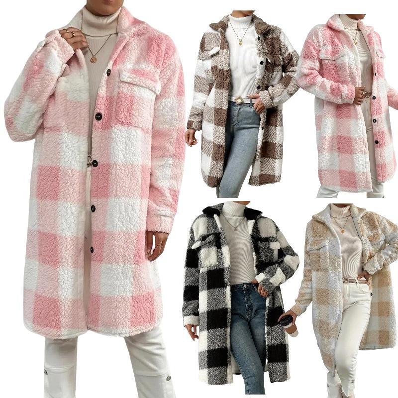 Осенне-зимнее плюшевое пальто в клетку с лацканами на пуговицах, свободное, с темпераментом, для работы, длинное пальто для женщин