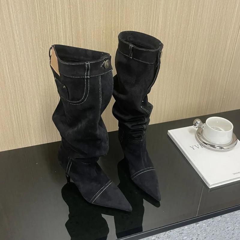 Fashion New Style Car Stitching Pleated Lazy High Cylinder Stack Boots Women's Autumn and Winter Brown Black Slim Heel Knee High Boots
