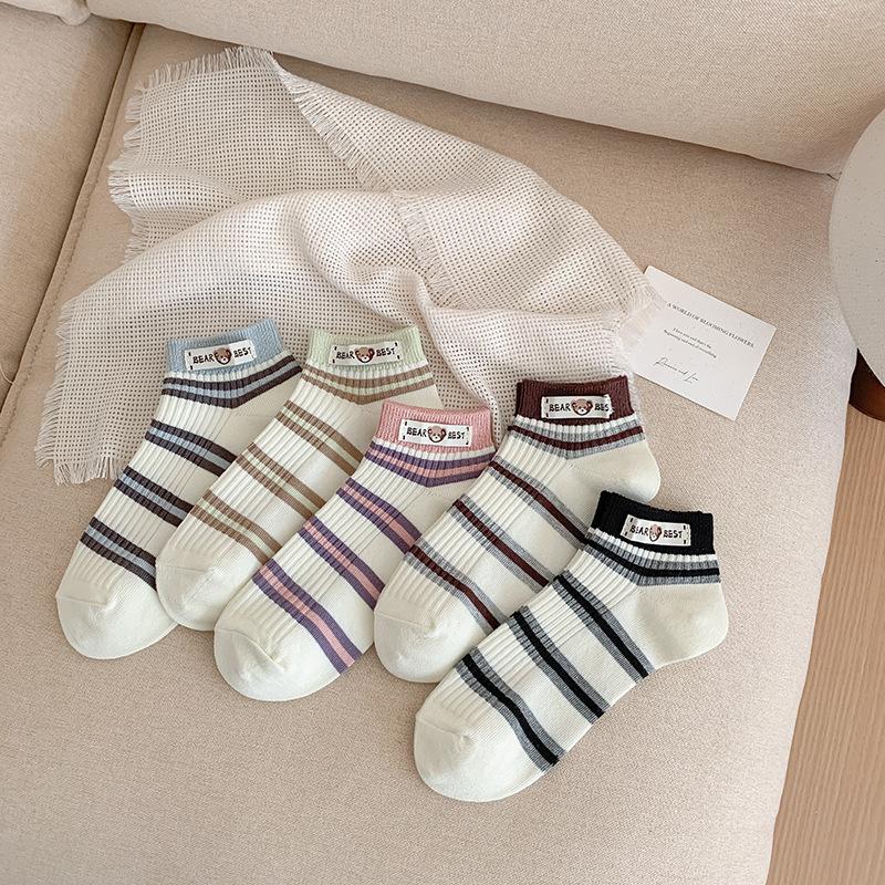 Женские весенне-летние новые милые полосатые тканевые носки с логотипом медведя в студенческом стиле, дышащие, без косточек
