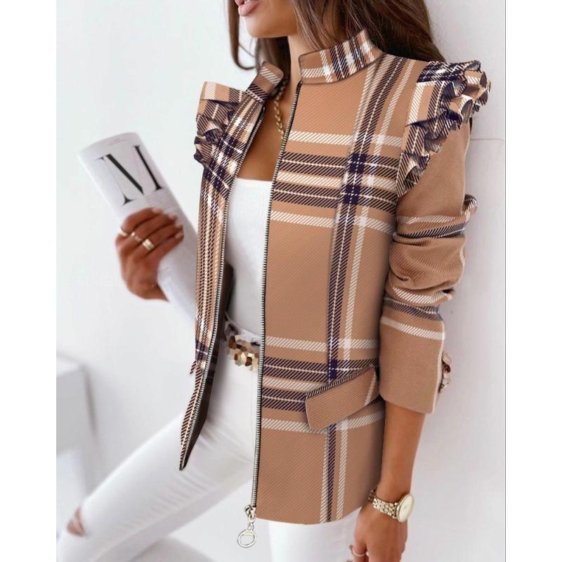 IHUASU Autumn Winter Ruffled Long Sleeve Zipper Print Suit Small Coat for Women