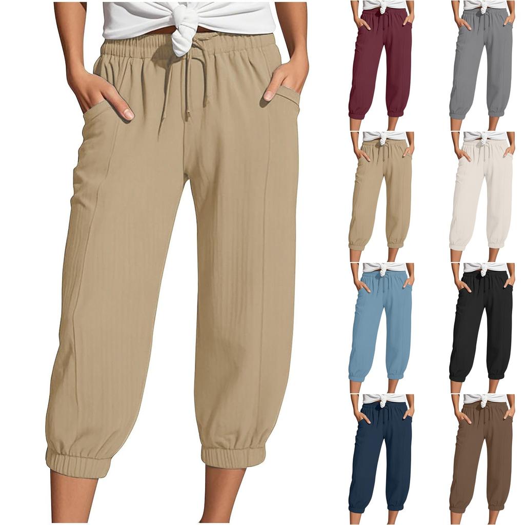 Women's Summer 3/4 Trousers Summer Trousers With Pockets Causal Loose Trousers Fabric Trousers Sport Leisure Beach Trousers