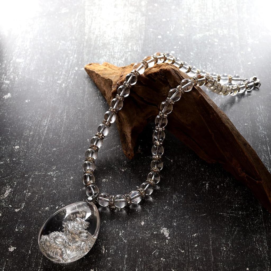 [Seki-Kira] Floating Silver Dragon Crystal Pendant, Natural Stone Crystal Necklace, 50cm, Men's, Power Stone, 553