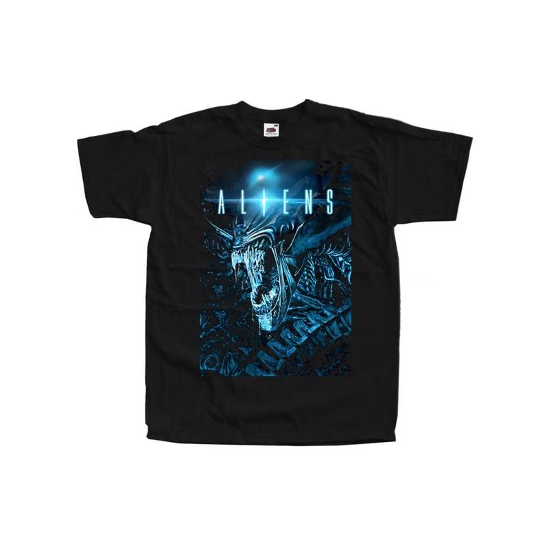 Men's Officially Licensed Aliens Movie T-Shirt - Vintage 1986 Xenomorph Monster & Alien Logo Print, Black with Blue Iconic Chestburster Design -