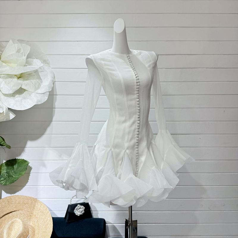 Elegant Ruffles Single Breasted Ruffles Mini Dress Women Flared Sleeve High Waist O-neck Dresses 2025 Lady Party Gowns New