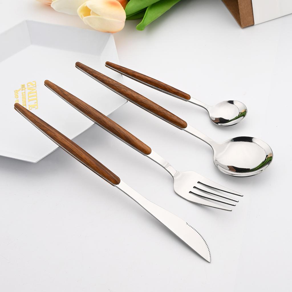 20Pcs Wooden Handle Dinnerware Steak Knife Coffee Spoon Cake Fork Set Mirror Stainless Steel Tableware Kitchen Utensils Eating Silverware