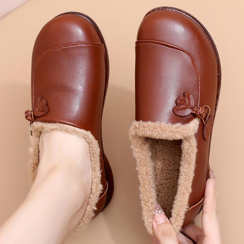 Зимняя бархатная шапка-бини женские кожаные туфли на мягкой подошве туфли на одном педале пушистые туфли туфли для мамы хлопковые туфли для среднего и пожилого возраста бархатные зимние