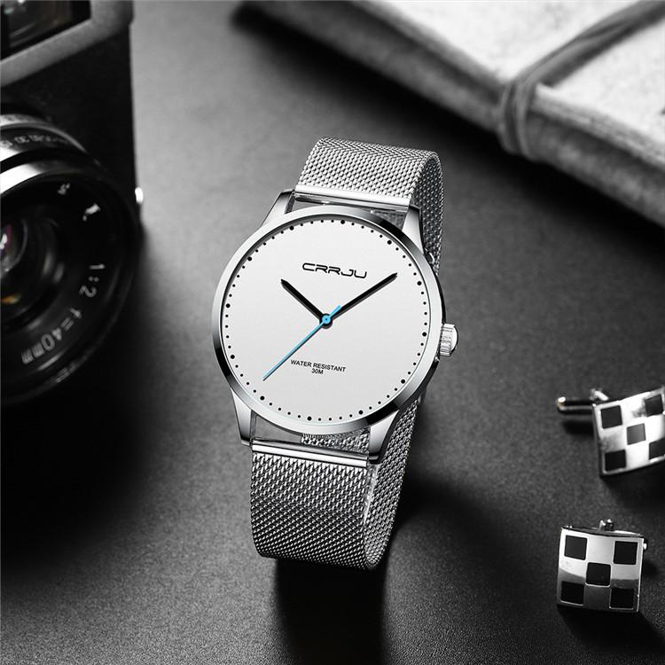 CRRJU-2167 Кварцевые часы с календарем, водонепроницаемая сетка из нержавеющей стали и модные часы для студентов-мужчин