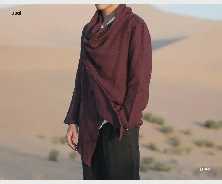 Мужская ветровка буддийского ханьфу весна/осень: Даосский халат средней длины из хлопка и льна