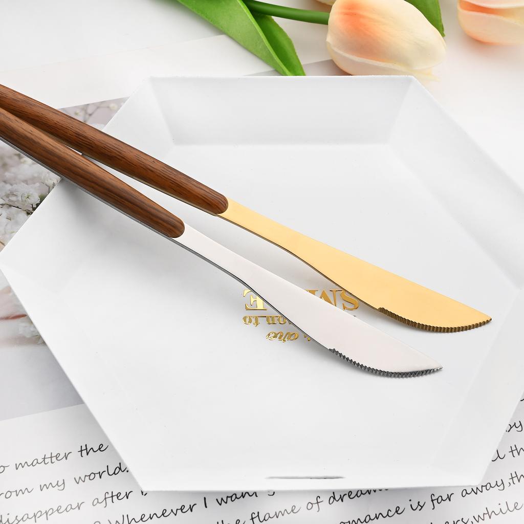 20Pcs Wooden Handle Dinnerware Steak Knife Coffee Spoon Cake Fork Set Mirror Stainless Steel Tableware Kitchen Utensils Eating Silverware