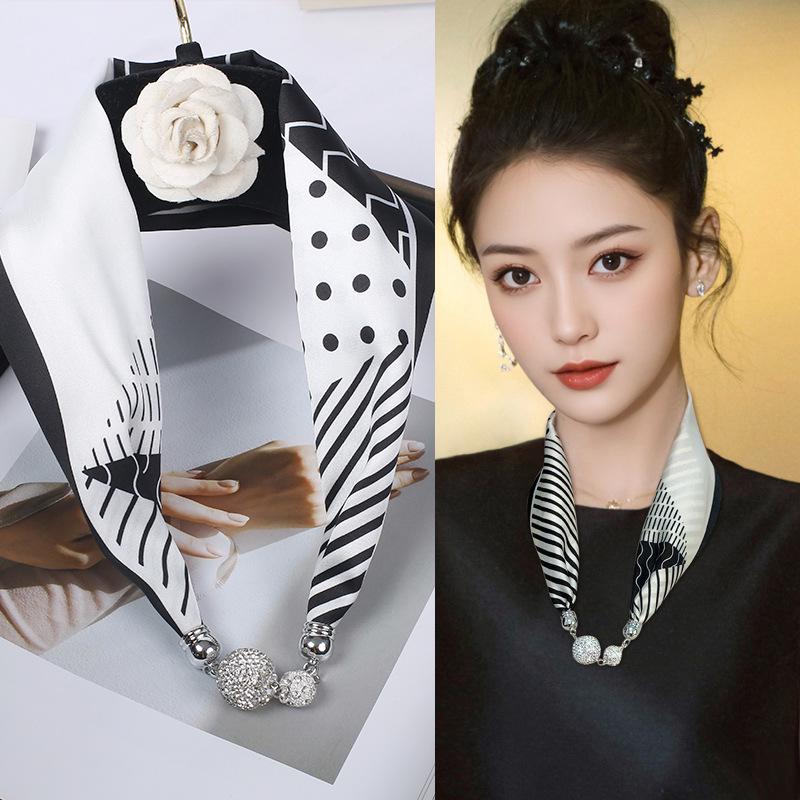 Женский шелковый шарф с магнитной пряжкой — модная защита шеи на весну, лето и осень 2024 года