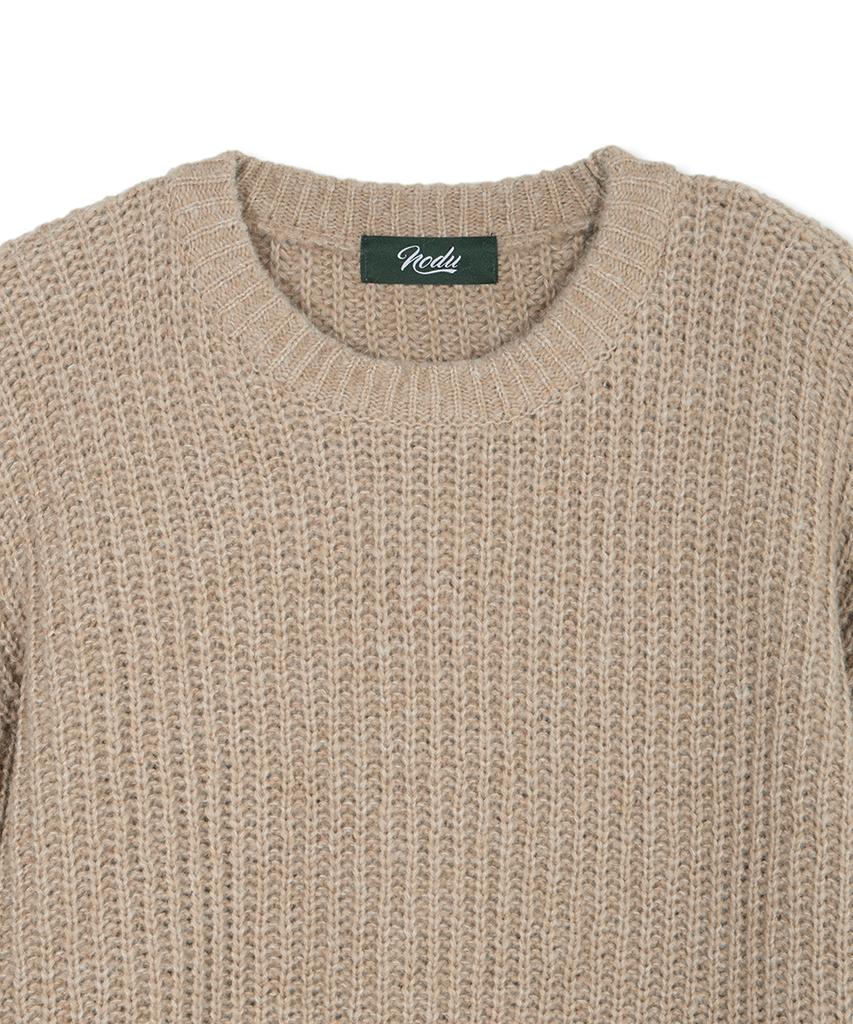 NODU Adn Heathered Hacci Round Semi-Overfit Long Sleeve Knit [Beige]