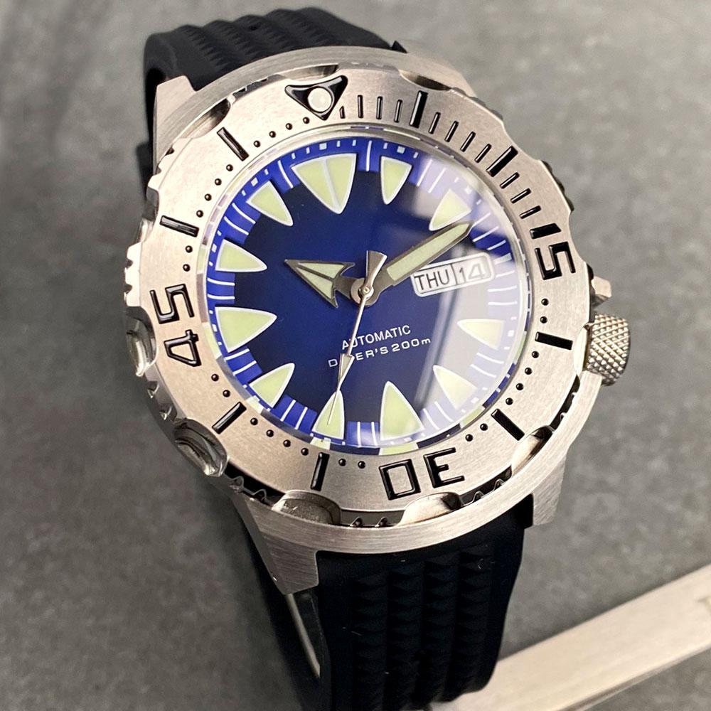 Tandorio Blue Monster Style Silver Hands Sapphire Crystal Glass 200m Waterproof Automatic Date Week NH36A Movement Men Watches