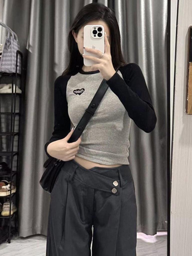 2023 Осень Корейский Ретро Колорблок Реглан Приталенный С Длинным Рукавом Женский Базовый Слой Топ