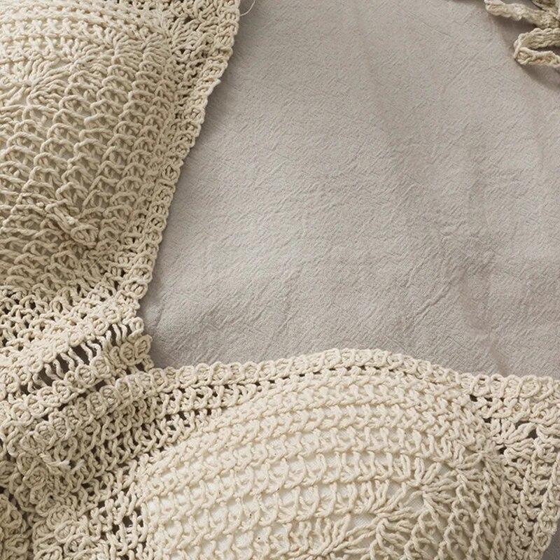 Сексуальный пляжный отдых в стиле бохо, камзол с лямкой на шее, женский вязаный купальник, бюстгальтер, жилет с открытой спиной, полые топы на бретелях с кисточками, женские укороченные топы