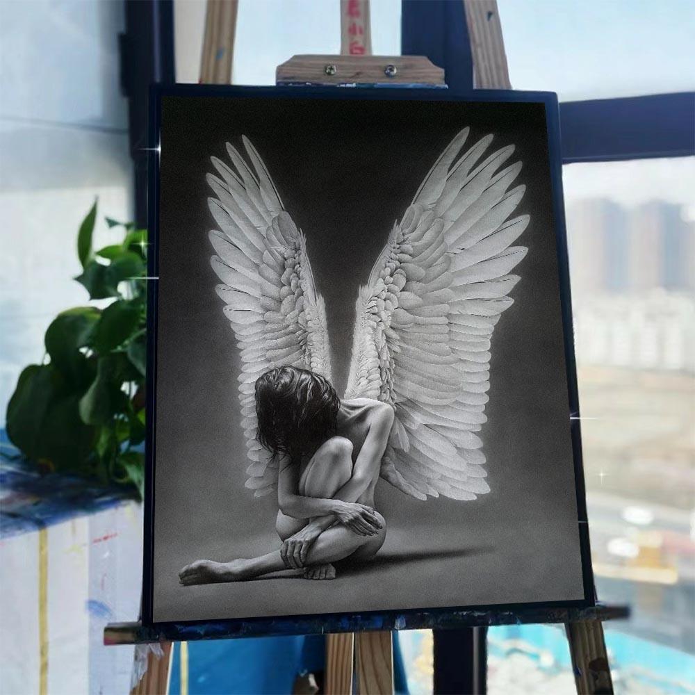 Черно-белый постер с крыльями ангела и гравюра для девочки-ангела, настенное искусство, современное украшение для дома