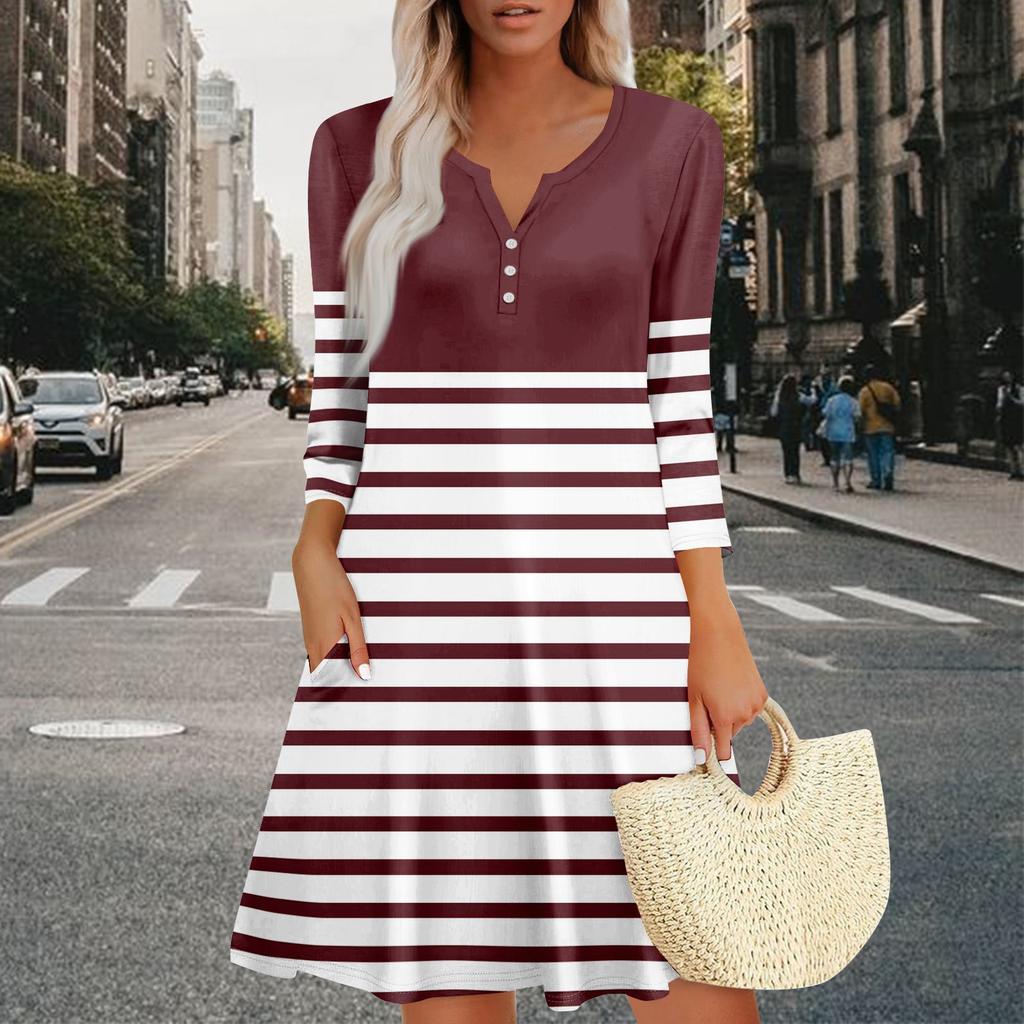 Women's Summer Dress Loose V Neck Three-quarter Sleeve Sundress With Pockets Dress