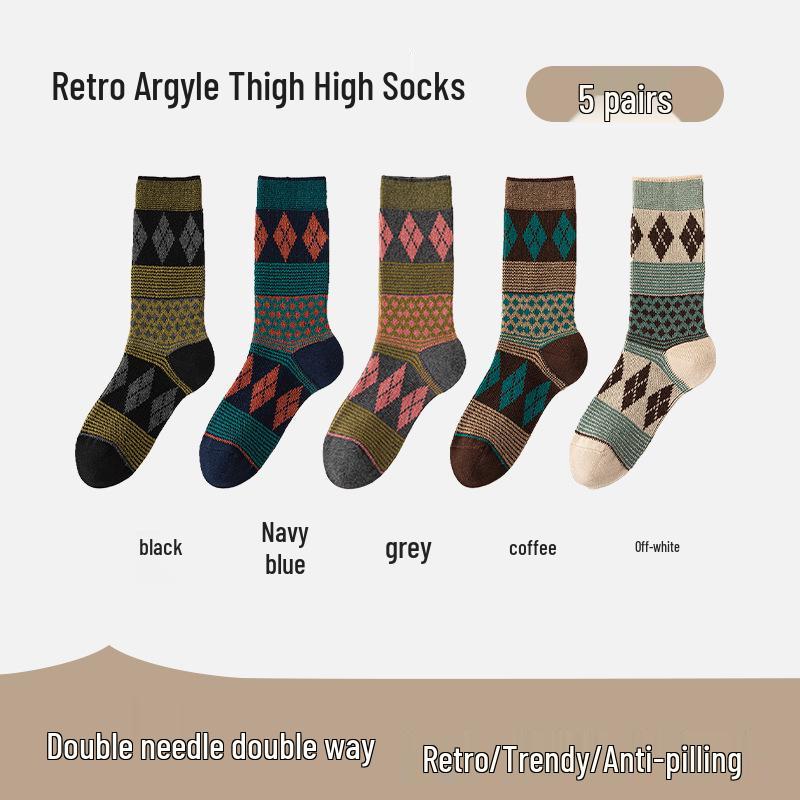 Women's Retro Argyle Mid-Calf Socks - Autumn/Winter Ethnic Style