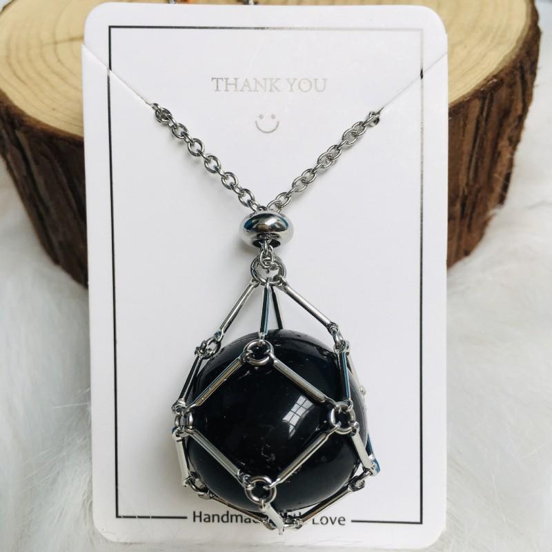 Adjustable Bamboo Link Chain Necklace With Handwoven Crystal Mesh Pendant Natural Gemstone Boho Choker Women Men