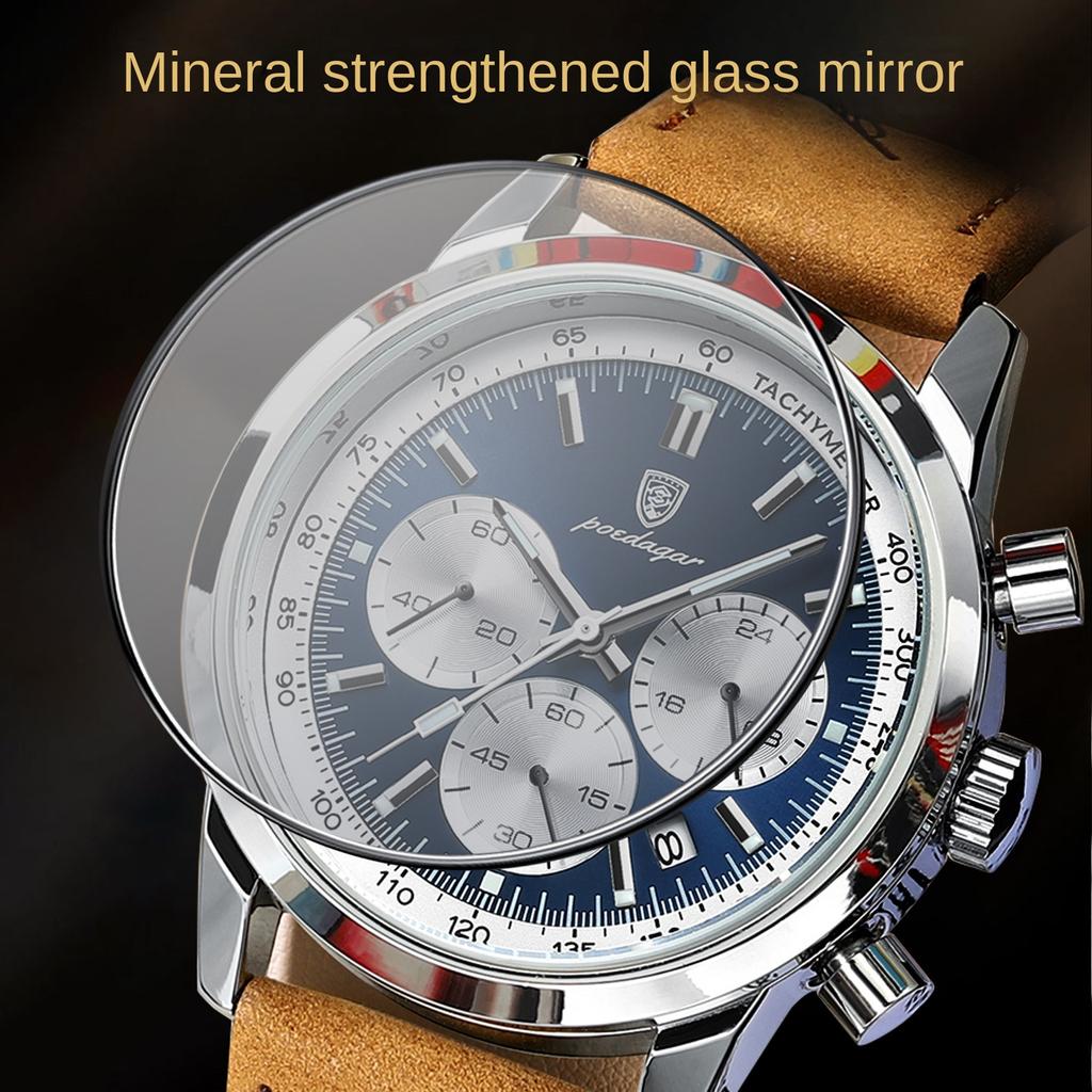 Модные повседневные совершенно новые мужские часы из кожи, многофункциональные кварцевые наручные часы, деловой спортивный хронограф