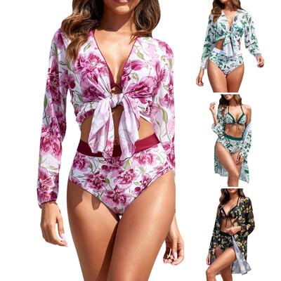 Женский сексуальный бикини, солнцезащитный халат, купальник с принтом, комплект из трех предметов