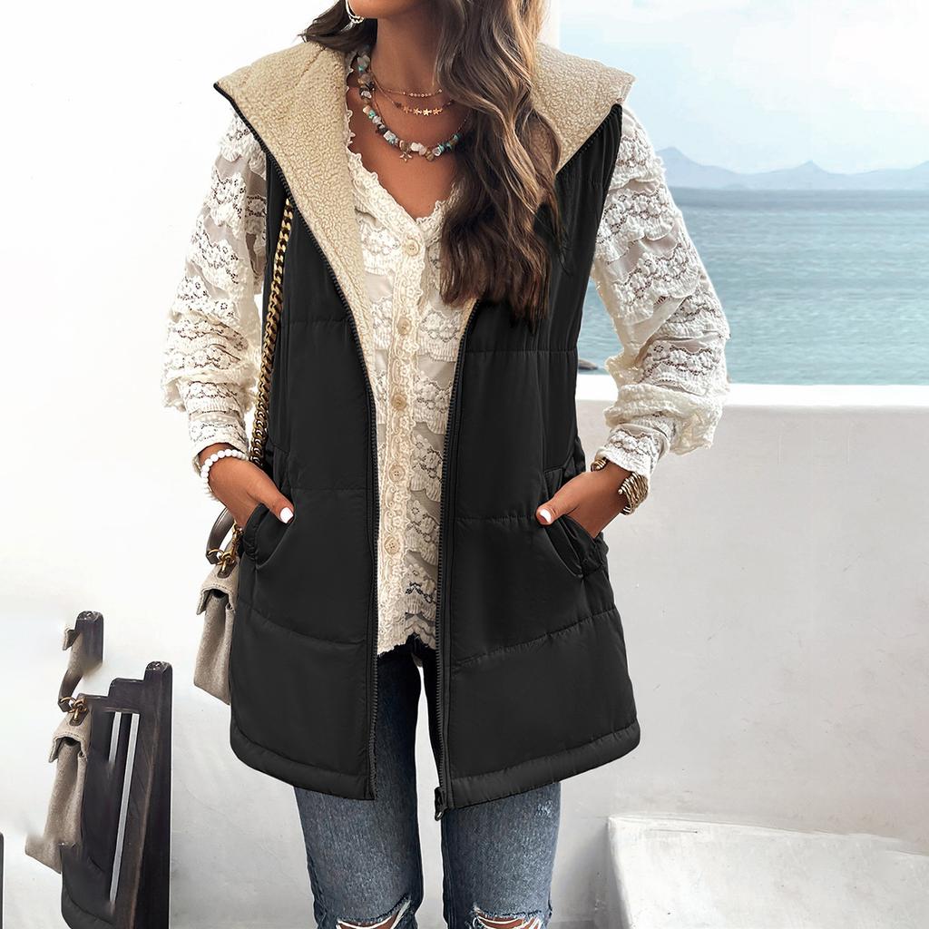 Women's Fashion Solid Color Double-sided Wearing Cotton-padded Coat Winter Loose Commuter Mid-length Hooded Cotton-padded Coat