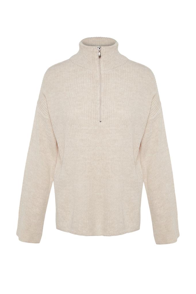 Women's Fashion New Sweater Stone Wide Fit Zippered High Collar Knitwear Sweater