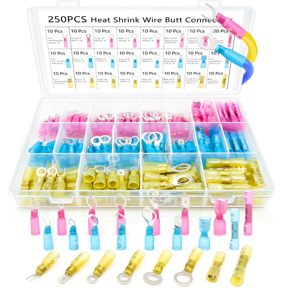 250 шт. Электрические кольцевые вилочные лопаточные стыковые обжимные водонепроницаемые автомобильные морские термоусадочные проволочные клеммы разъемы комплект