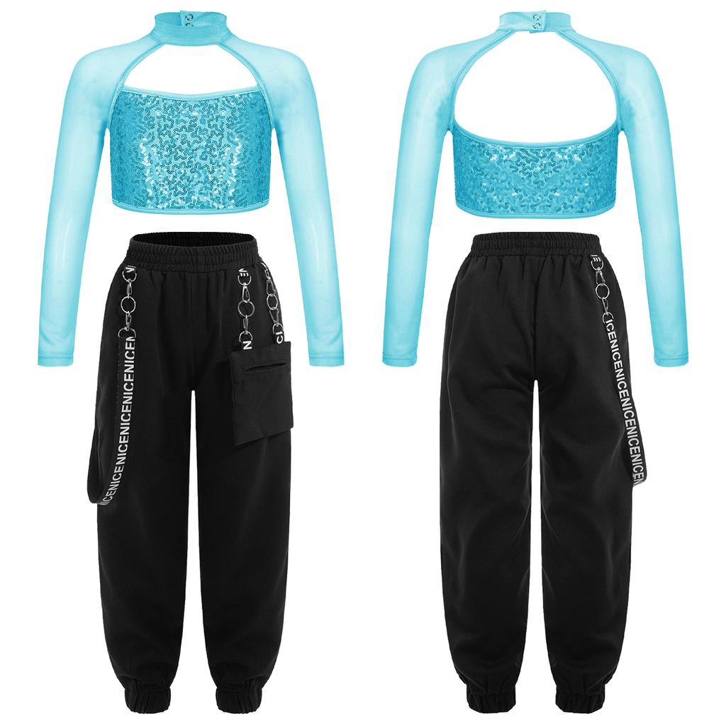 Kids Girls Casual Outfits Long Sleeve Mock Neck Crop Top with Elastic Waistband Pants for Hip-hop Street Dance