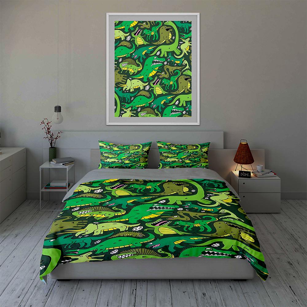 Green dinosaur illustrations. Bedding Duvet cover sets Duvet covers Pillowcases gifts (1 * Duvet Cover 2 * Pillowcases, without duvet insert)