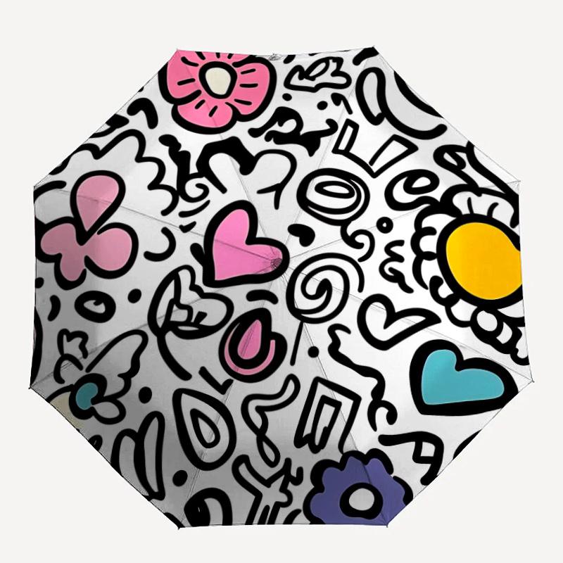 1pc Doodle Patterns Automatic Open/close Umbrella, 8-Rib sturdy structure, Portable Travel Umbrella, Parties, Everyday Use,32