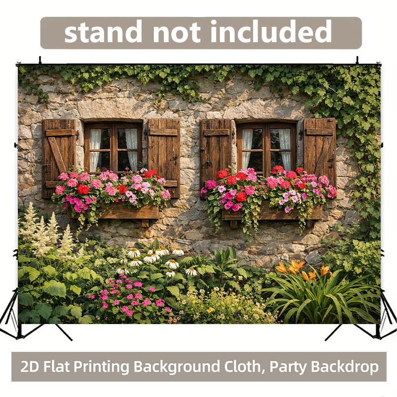 1 piece, 2D flat polyester background fabric with beautiful flowers blooming on a window, for indoor and outdoor decoration, wsj