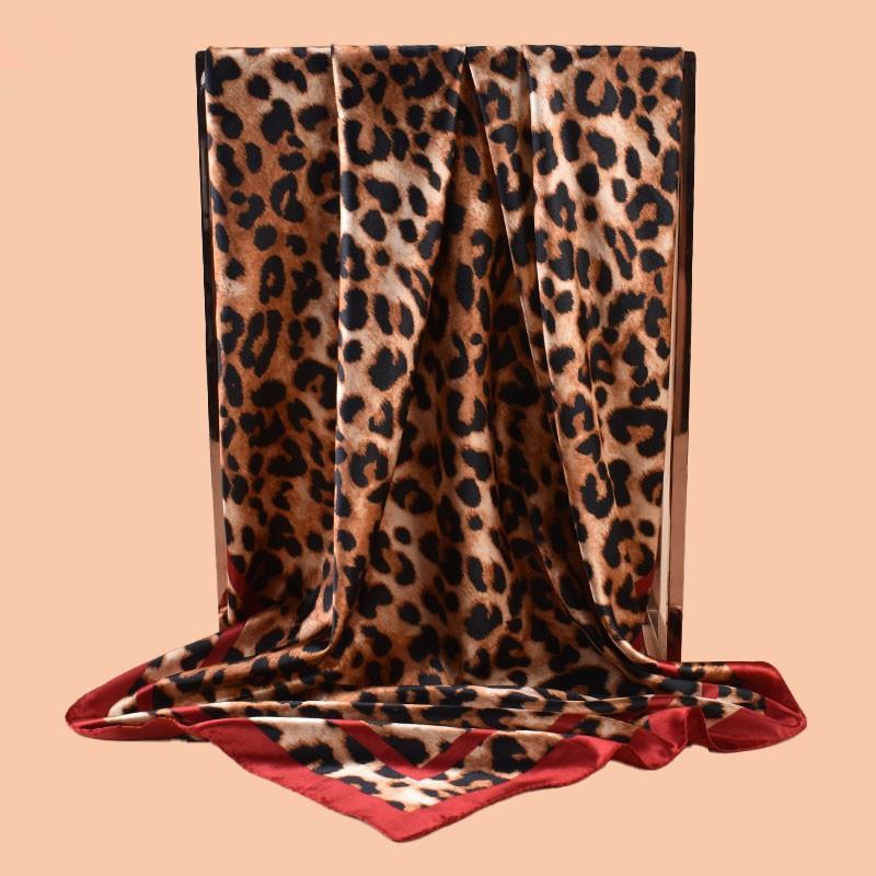 Luxury Leopard Print Female Satin Neck Scarf Square Hair Scarves Foulard Head Band Shawls Wraps Neckerchief Bandana Women 90cm