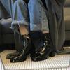 Show Thin! Super Fire Short Boots, Advanced Sense 2024 European Products, Popular Square Head Patent Leather Thick Heel Medium Tube Thin Boots