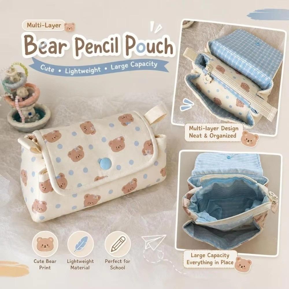 Bear Printed Pencil Pouch Multi-Layer Pencil Case Stationery Bag  School Supplies