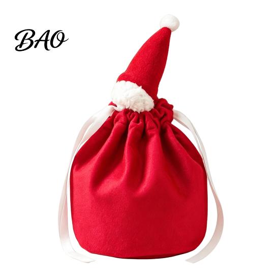 Fabric Drawstring Bags for Gifts Christmas Gift with Santa Hat, Reusable Velvet Xmas Goodie Sacks, Festive Candy Apple Treat Pouch Eve Giving,