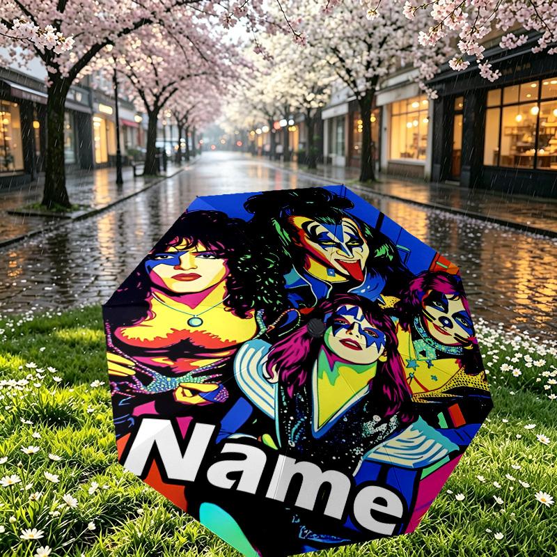 Custom Name Personalized Kiss Rock and Roll Print Umbrella, Auto Open Close, 8‑Rib Sturdy Frame, Commute Camping Hiking Use, Birthday Gift
