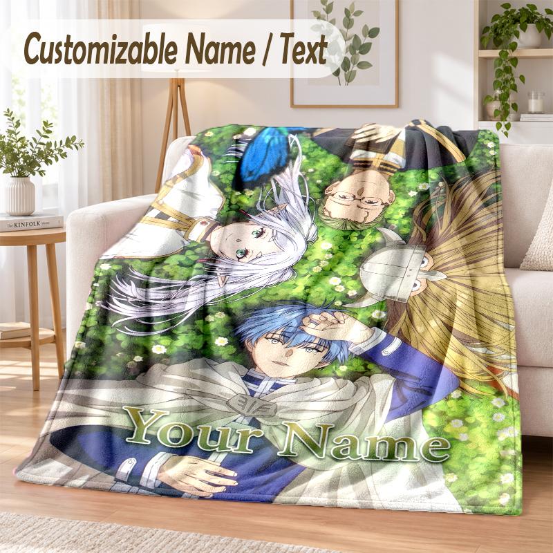 Frieren Beyond Journey's End Custom Name Flannel Throw Blanket Soft Warm for Sofa Bed Indoor Home Use